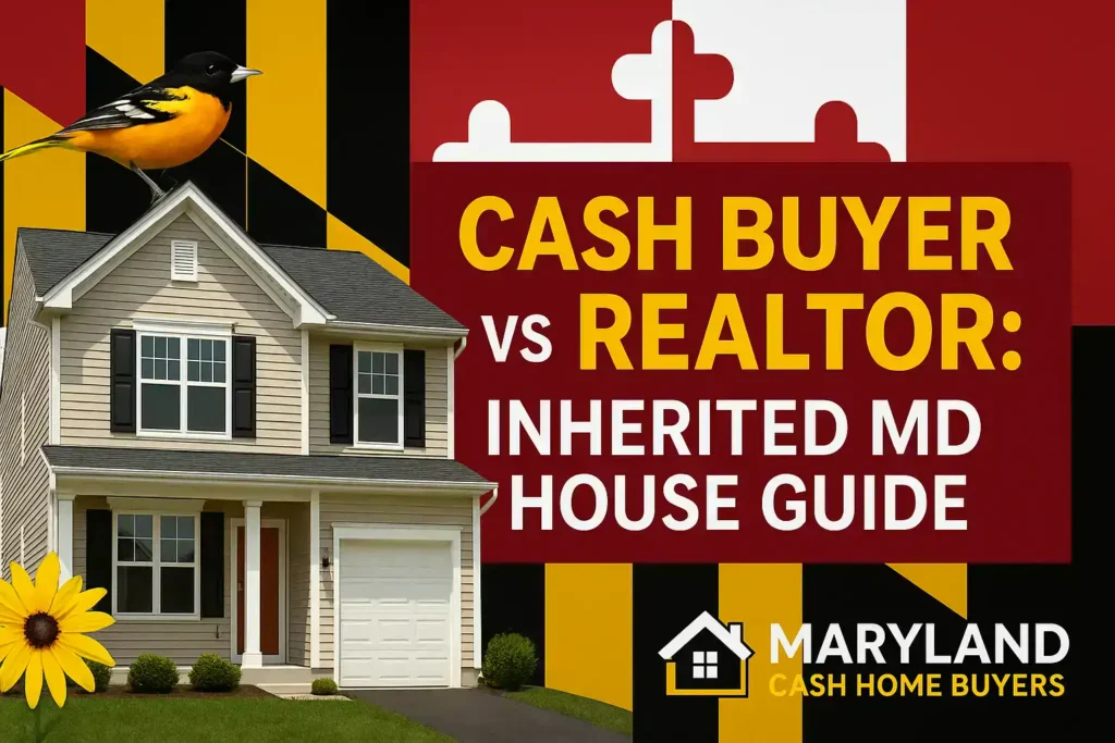 A Maryland home with a Baltimore Oriole on the roof, illustrating the choice between a cash buyer vs. a realtor for an inherited house.