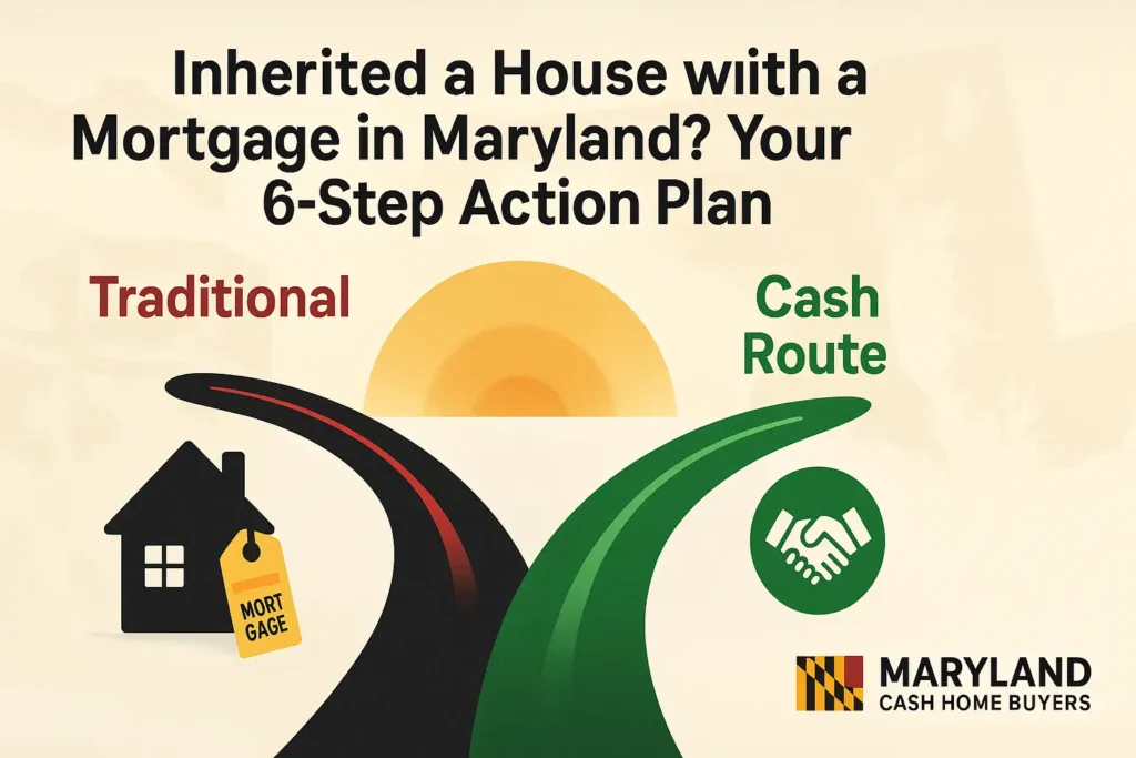 Featured image showing a fork in the road for an inherited house in Maryland. One path is labeled 'Traditional' and the other, straighter path is labeled 'Cash Route,' leading to a handshake icon.