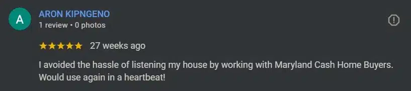 A Google review for Maryland Cash Home Buyers from a homeowner in Laurel.