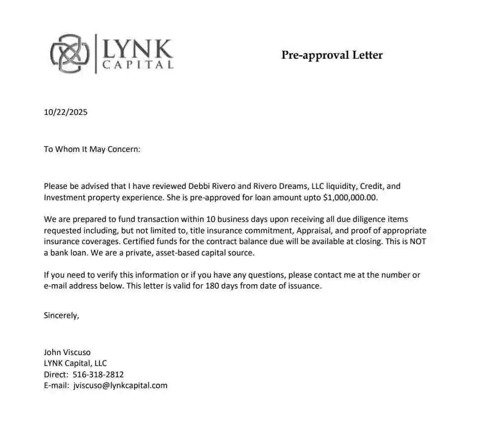 Redacted bank proof of funds letter for Maryland Cash Home Buyers - LYNK Capital LLC