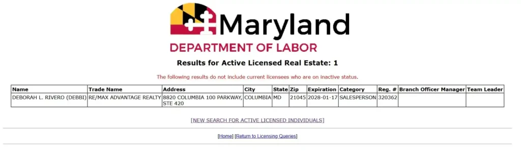 Maryland Dept of Labor License Search showing Active Status for Debbi Rivero